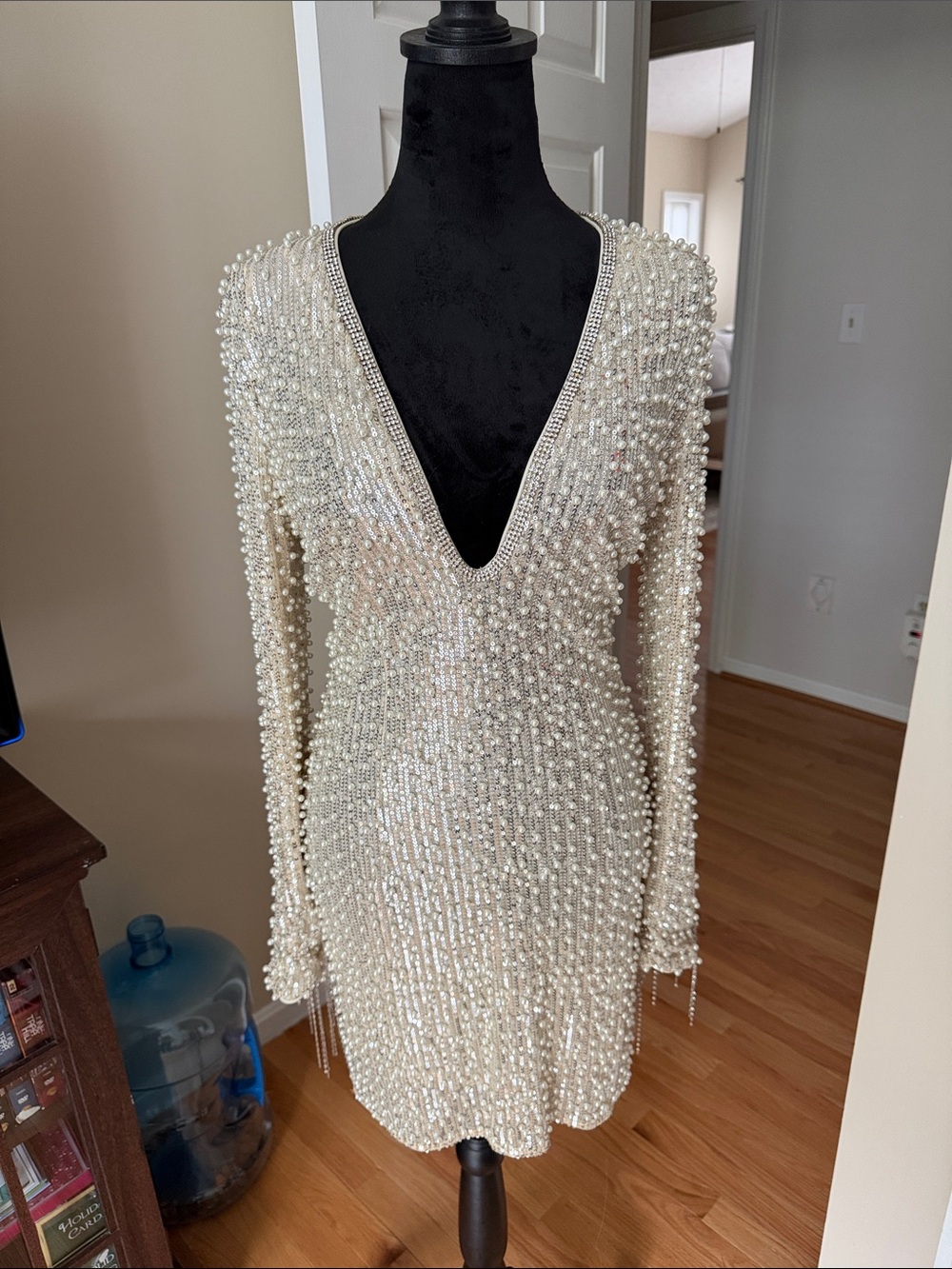 Fashion Nova Ivory Pearl Beaded Mini Dress
